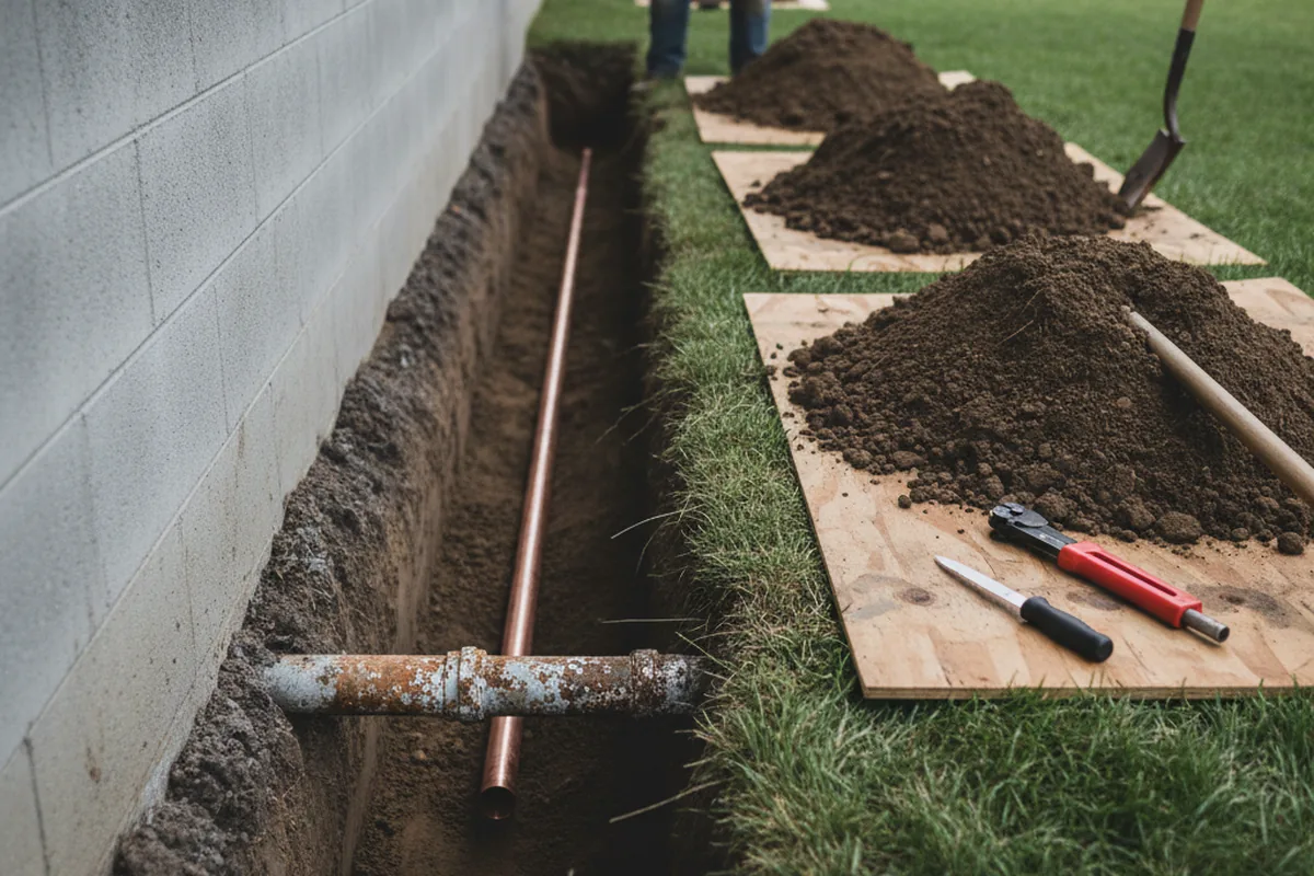 Excavated water line trench during Water Softener Installation in Moreland